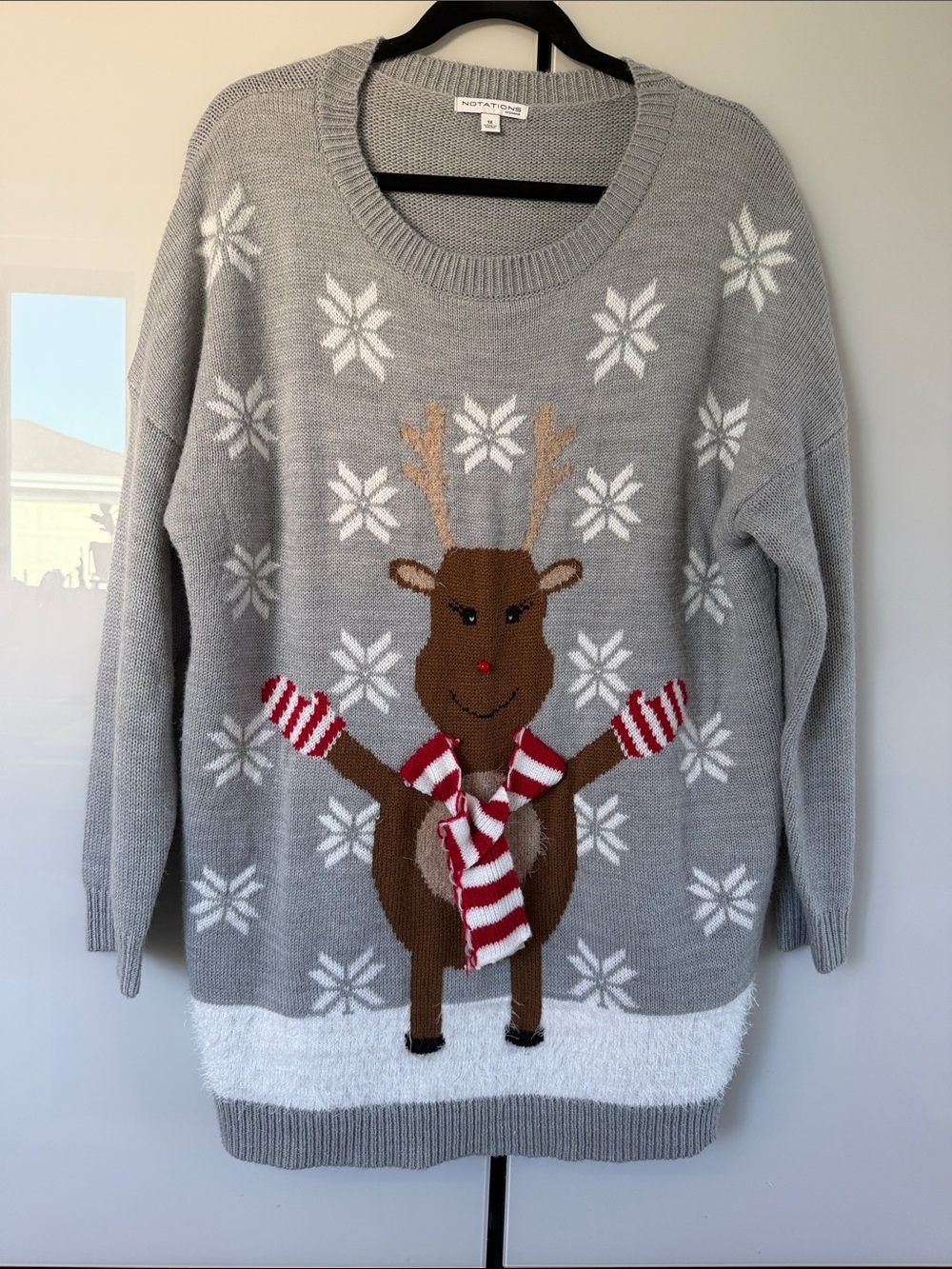 Cute reindeer sweater Notations Gray Reindeer Sweater with Red & White Scarf